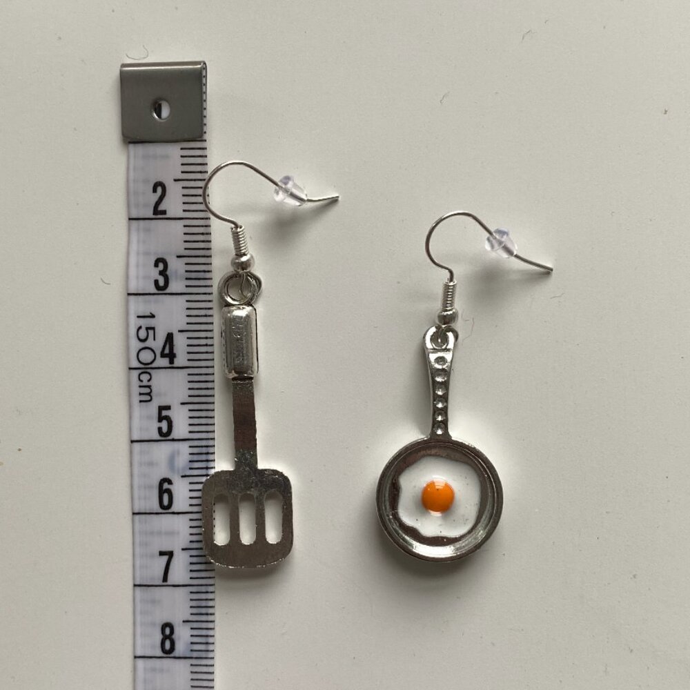 Handmade STAINLESS STEEL Earrings Fried Egg Frying Pan Novelty Food Silver Tone - Picture 3 of 7